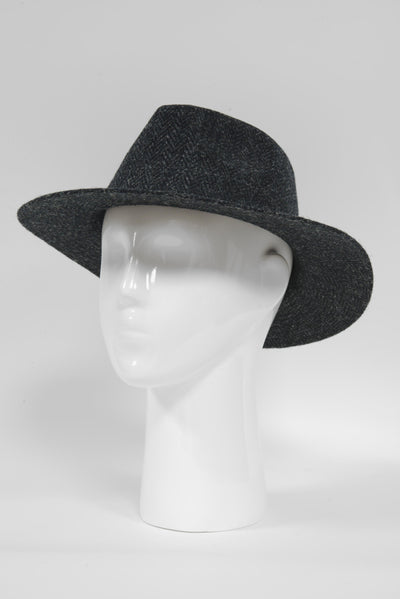 Harris Tweed Fedora Hat Black Herringbone