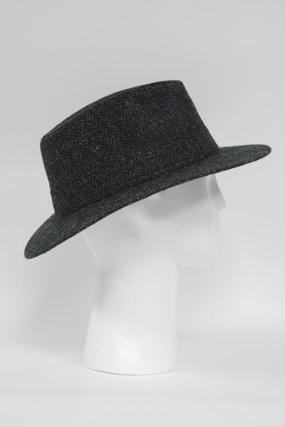 Harris Tweed Fedora Hat Black Herringbone
