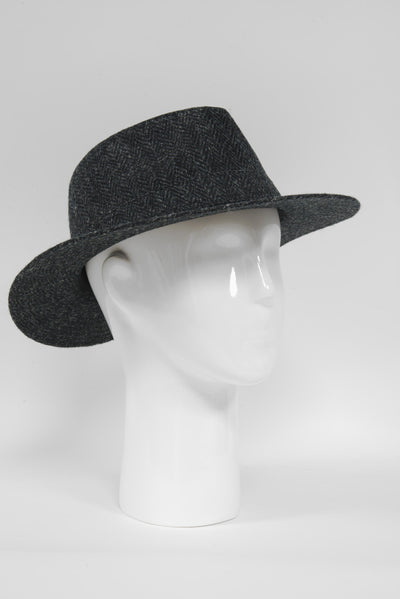Harris Tweed Fedora Hat Black Herringbone