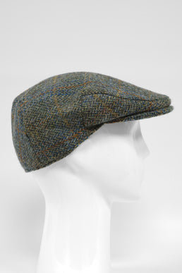 Harris Tweed Flat Cap Green Herringbone With Overcheck