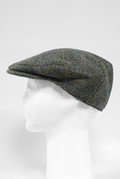 Harris Tweed Flat Cap Green Herringbone With Overcheck