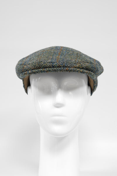 Harris Tweed Flat Cap Green Herringbone With Overcheck