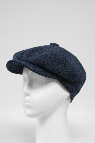 Harris Tweed 8 Piece Flat Cap Navy Herringbone