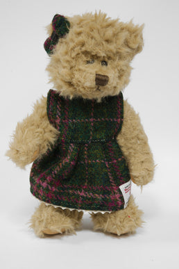 Teddy Bear with Harris Tweed Outfit Girl Green/Plum Check Small