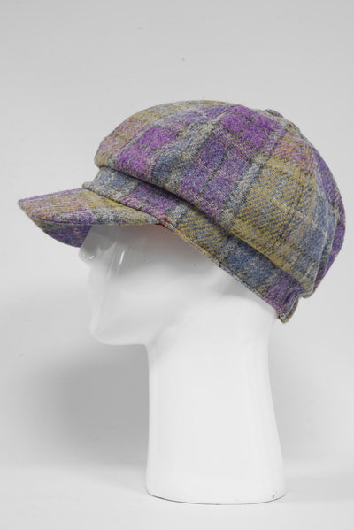 Harris Tweed Baker Boy Hat Muted Lilac/Green Check (GA)