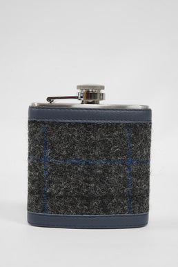 Harris Tweed Hip Flask Grey Windowpane (Navy Leather)