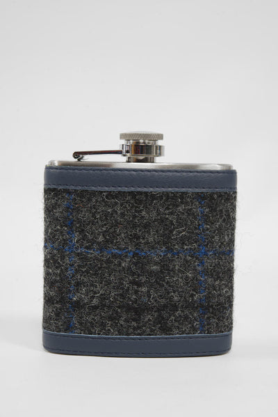 Harris Tweed Hip Flask Grey Windowpane (Navy Leather)