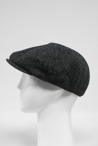 Harris Tweed 8 Piece Flat Cap Dark Charcoal Herringbone (HH)