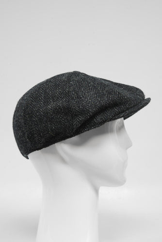 Harris Tweed 8 Piece Flat Cap - Dark Charcoal Herringbone (HH)