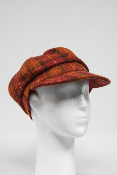 Harris Tweed Baker Boy Hat Orange/Brown Check (GA)