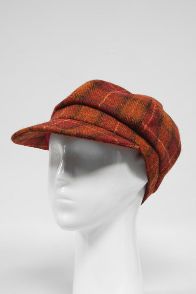 Harris Tweed Baker Boy Hat Orange/Brown Check (GA)