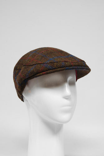 Harris Tweed Flat Cap - Brown With Red/Blue Overcheck (GA)