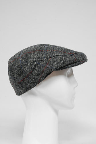 Harris Tweed Flat Cap - Grey With Red Overcheck (GA)