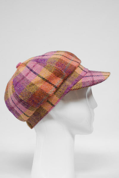 Harris Tweed Baker Boy Hat Peach/Purple Check (GA)
