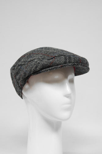 Harris Tweed Flat Cap - Grey With Red Overcheck (GA)