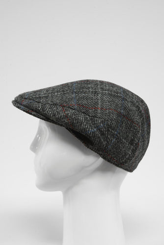 Harris Tweed Flat Cap - Grey Herringbone With Red Overcheck (HW)