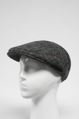 Harris Tweed Flat Cap Grey Herringbone With Red Overcheck (HW)