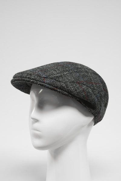 Harris Tweed Flat Cap Grey Herringbone With Red Overcheck (HW)