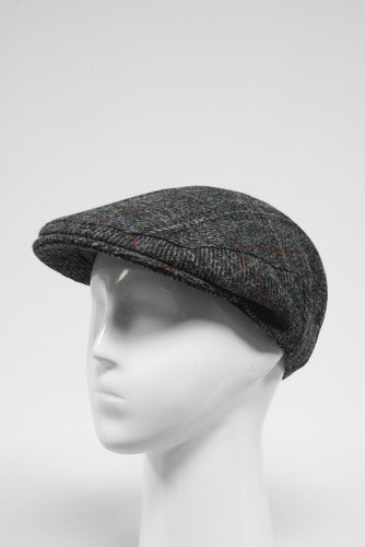 Harris Tweed Flat Cap - Grey Herringbone With Red Overcheck (HW)