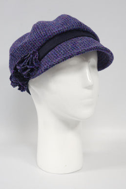 Harris Tweed Ladies Flower Hat - Violet With Navy Band