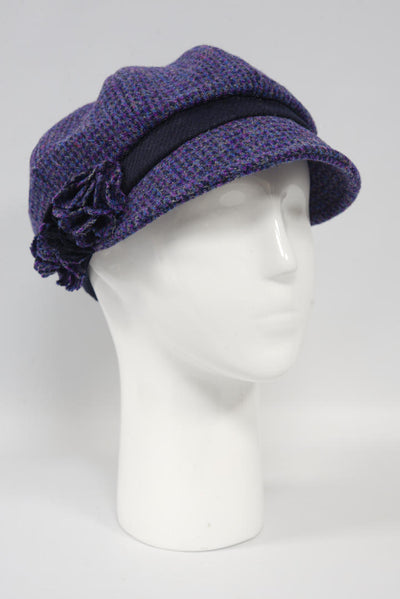 Harris Tweed Ladies Flower Hat - Violet With Navy Band