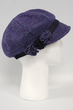 Harris Tweed Ladies Flower Hat - Violet With Navy Band