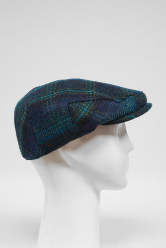 Harris Tweed Flat Cap - Blue With Turquoise Overcheck (GA)