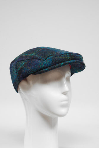 Harris Tweed Flat Cap - Blue With Turquoise Overcheck (GA)