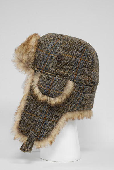 Harris Tweed Trapper Hat Brown/Green Herringbone w/Overcheck