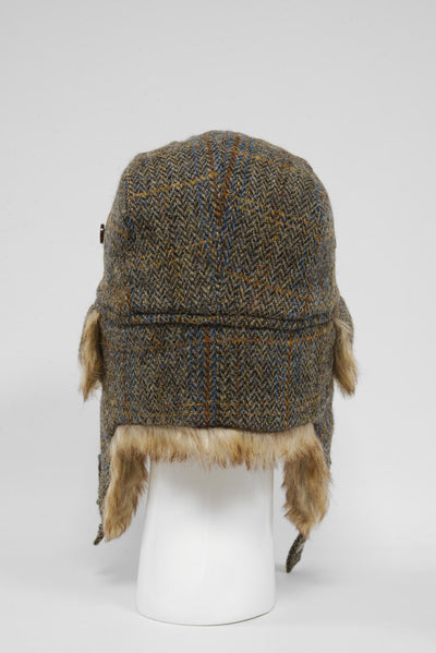 Harris Tweed Trapper Hat Brown/Green Herringbone w/Overcheck