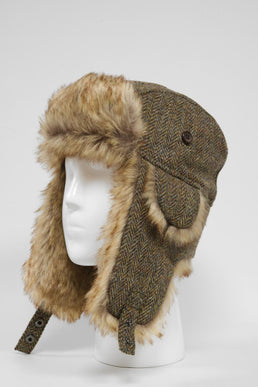 Harris Tweed Trapper Hat Brown Herringbone w/Overcheck
