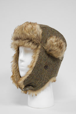 Harris Tweed Trapper Hat Brown Herringbone w/Overcheck