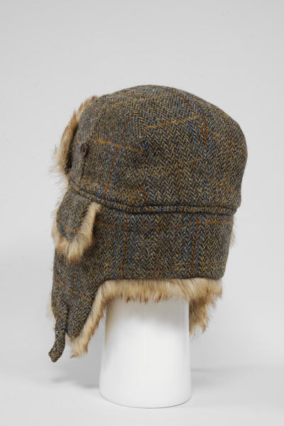 Harris Tweed Trapper Hat Brown/Green Herringbone w/Overcheck