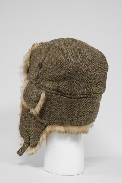 Harris Tweed Trapper Hat Brown Herringbone w/Overcheck