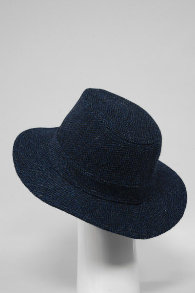 Harris Tweed Fedora Hat Navy Herringbone