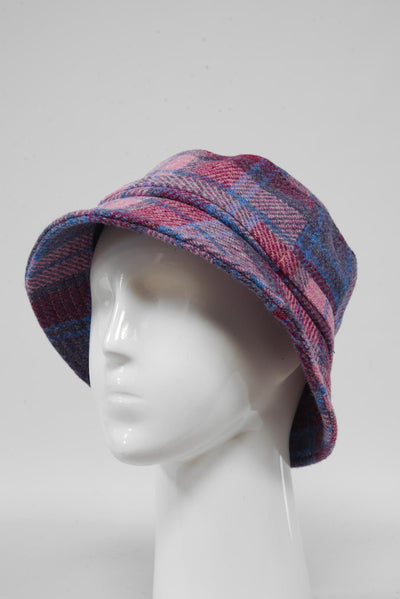 Harris Tweed Ladies Bucket Hat Pink Blue Check (HH)