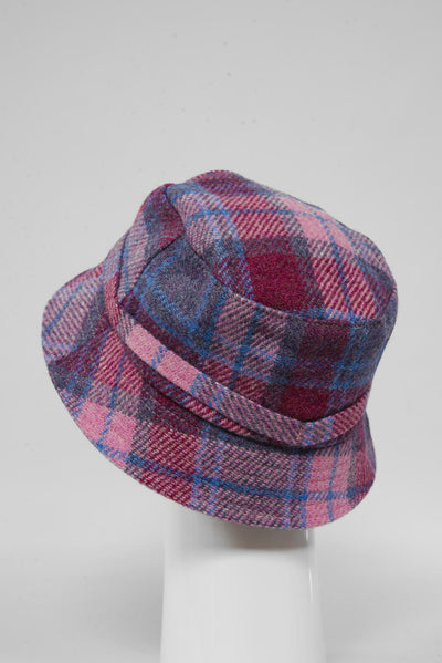 Harris Tweed Ladies Bucket Hat Pink Blue Check (HH)