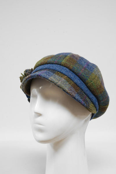 Harris Tweed Ladies Flower Hat Denim Sage With Blue Band