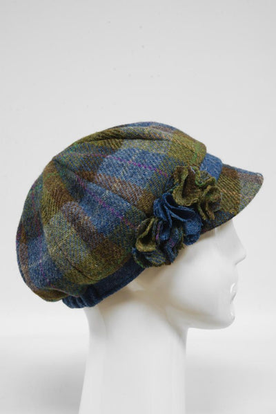 Harris Tweed Ladies Flower Hat Denim Sage With Blue Band