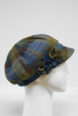 Harris Tweed Ladies Flower Hat Denim Sage With Blue Band