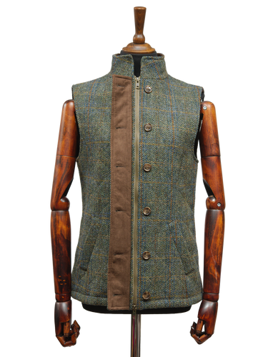 Harris Tweed Andi Gilet - Green Herringbone With Overcheck