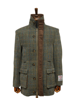 Harris Tweed Boyd Field Coat Green Herringbone With Overcheck