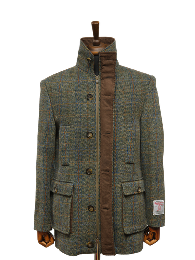 Harris Tweed Boyd Field Coat Green Herringbone With Overcheck
