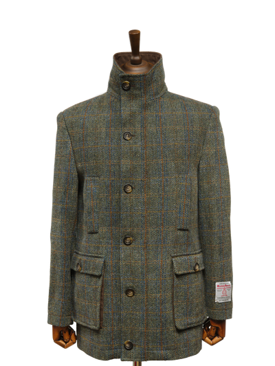 Harris Tweed Boyd Field Coat Green Herringbone With Overcheck