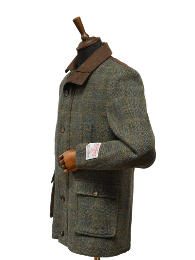 Harris Tweed Boyd Field Coat Green Herringbone With Overcheck