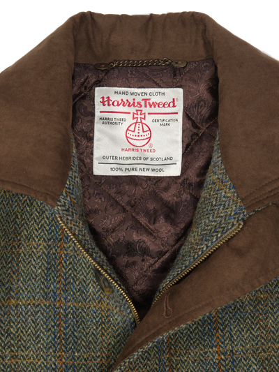 Harris Tweed Boyd Field Coat Green Herringbone With Overcheck