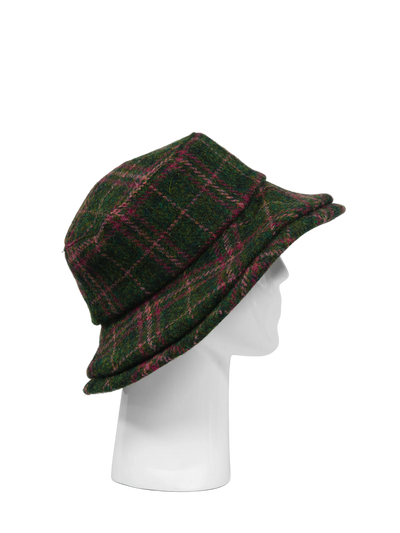 Harris Tweed Ladies Brimmed Hat - Green/Plum Check