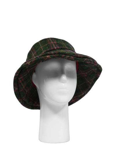 Harris Tweed Ladies Brimmed Hat - Green/Plum Check
