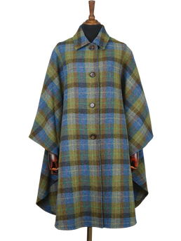 Harris Tweed Ladies Buttoned Long Cape Denim Sage