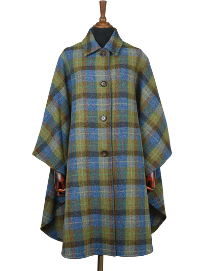 Harris Tweed Ladies Buttoned Long Cape Denim Sage